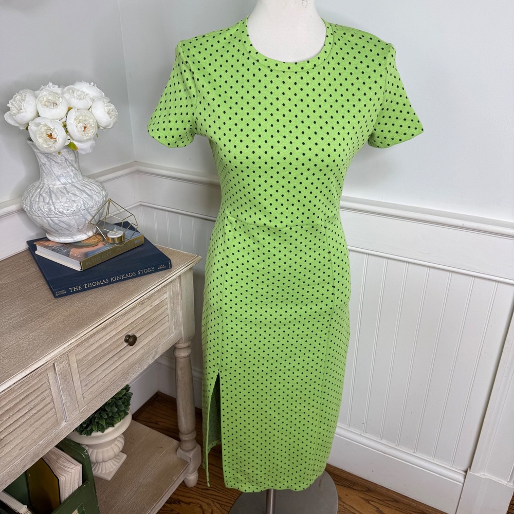 Zara Lime Green Polka Dot Short Sleeve Midi Dress with Side Slit Size M NEW